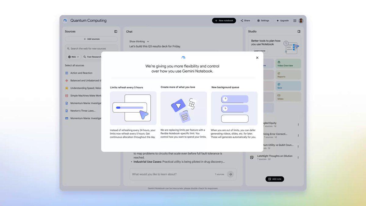 Gemini Notebook 推出灵活使用限制