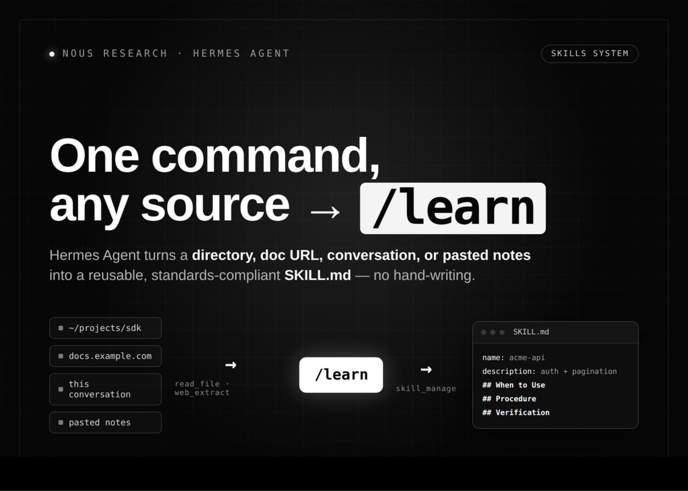 Nous Research 为 Hermes Agent 添加 /learn 命令，自动生成技能文件
