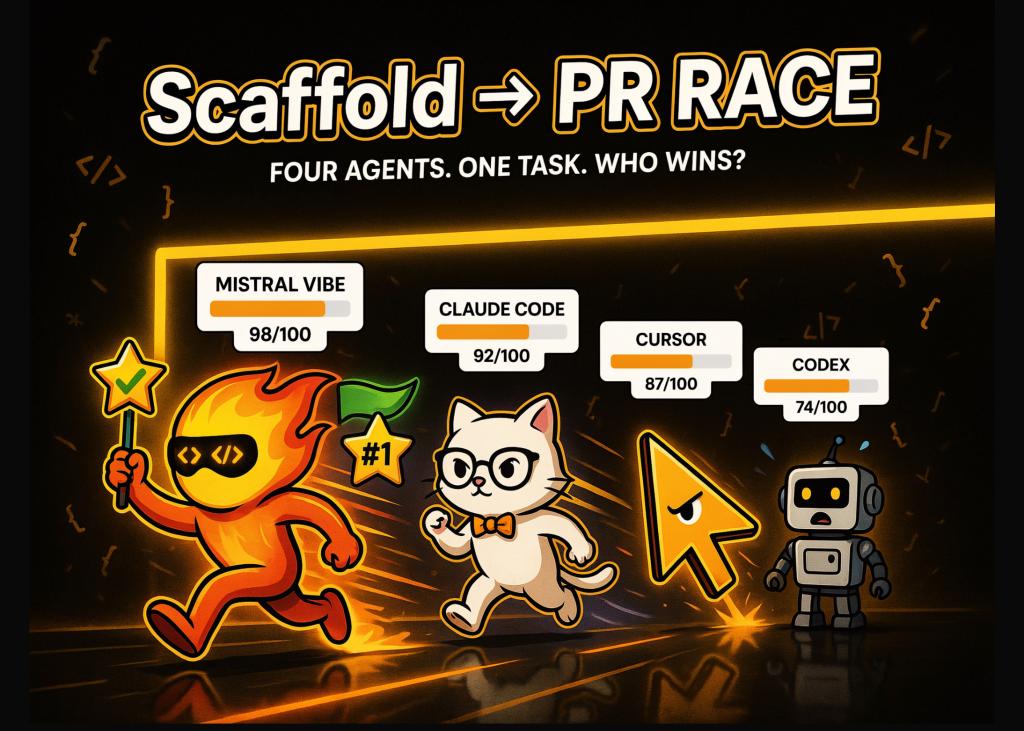 Mistral Vibe/Claude Code/Cursor/Codex：四代码Agent Scaffold-to-PR任务对比
