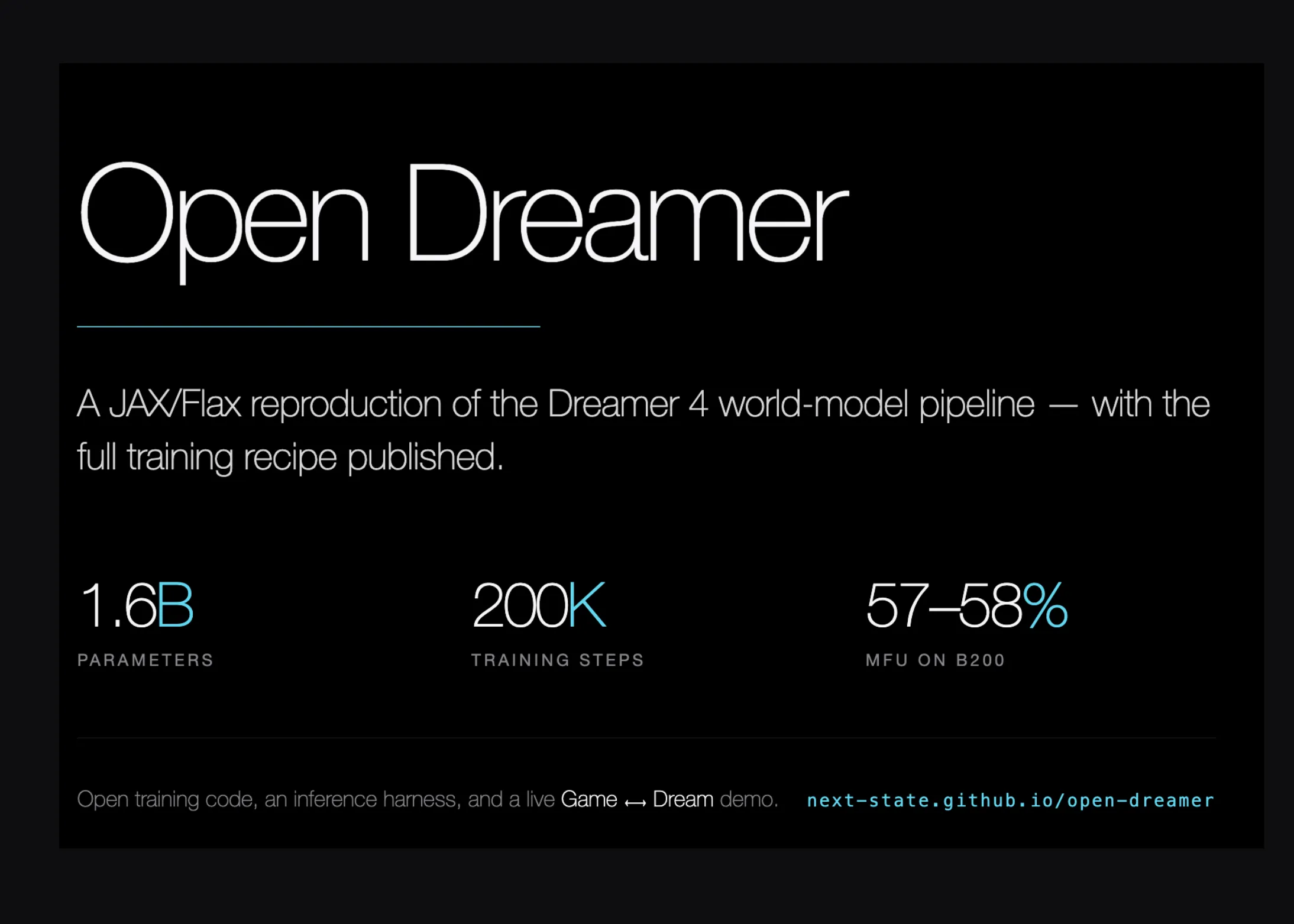 Open Dreamer 发布：基于 JAX/Flax 的 Dreamer 4 世界模型开源复现，含完整训练配方